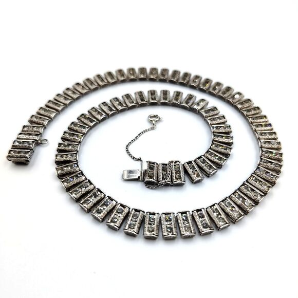 Catamore 1940s Sterling Silver 925 Rhinestone Tennis Collar Choker Necklace